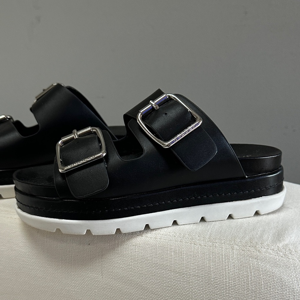 J Slides Black Sandals with Silver Buckles